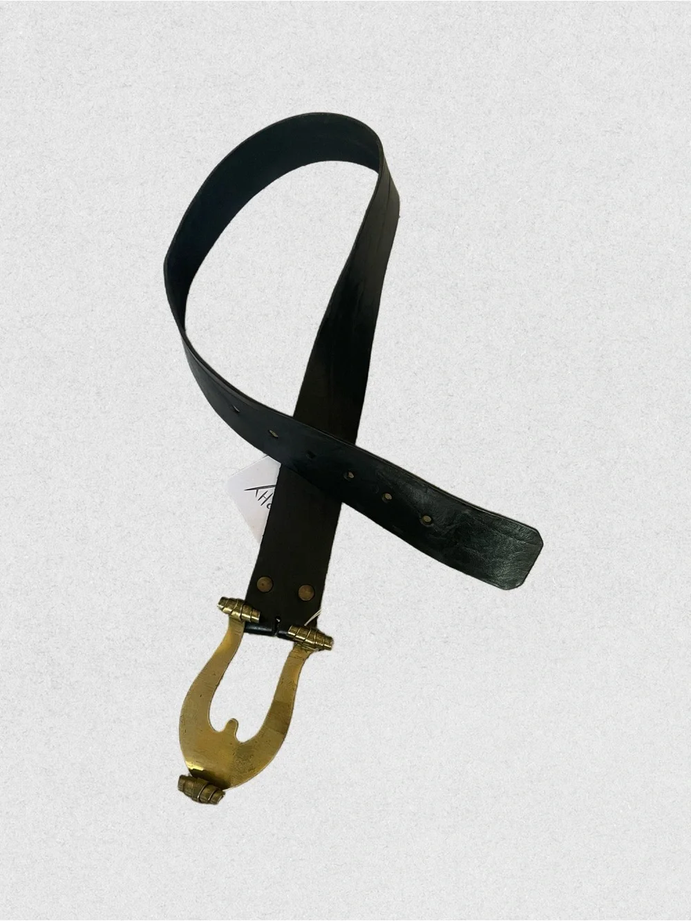Vintage Black Leather Belt with Brass Decorative buckle